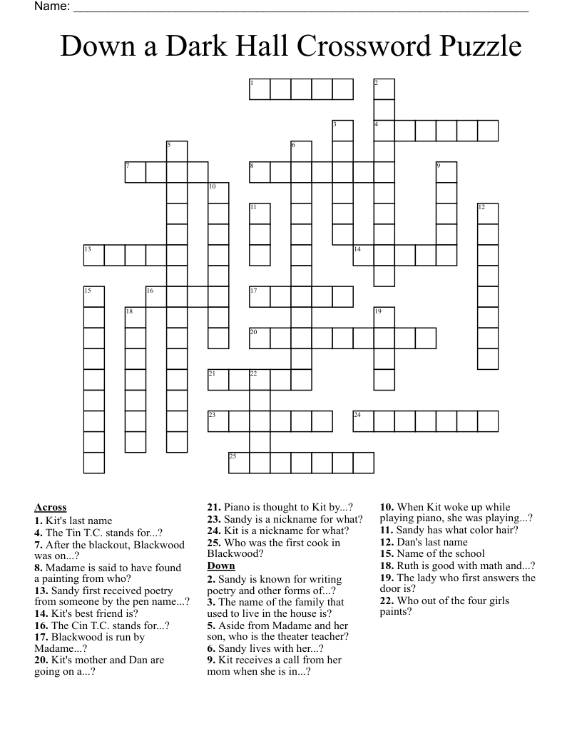 Down A Dark Hall Crossword Puzzle WordMint