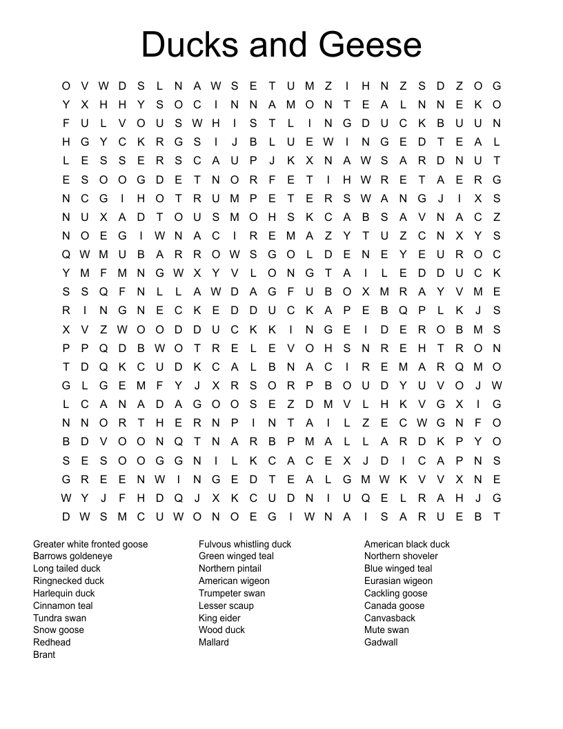 Ducks And Geese Word Search WordMint