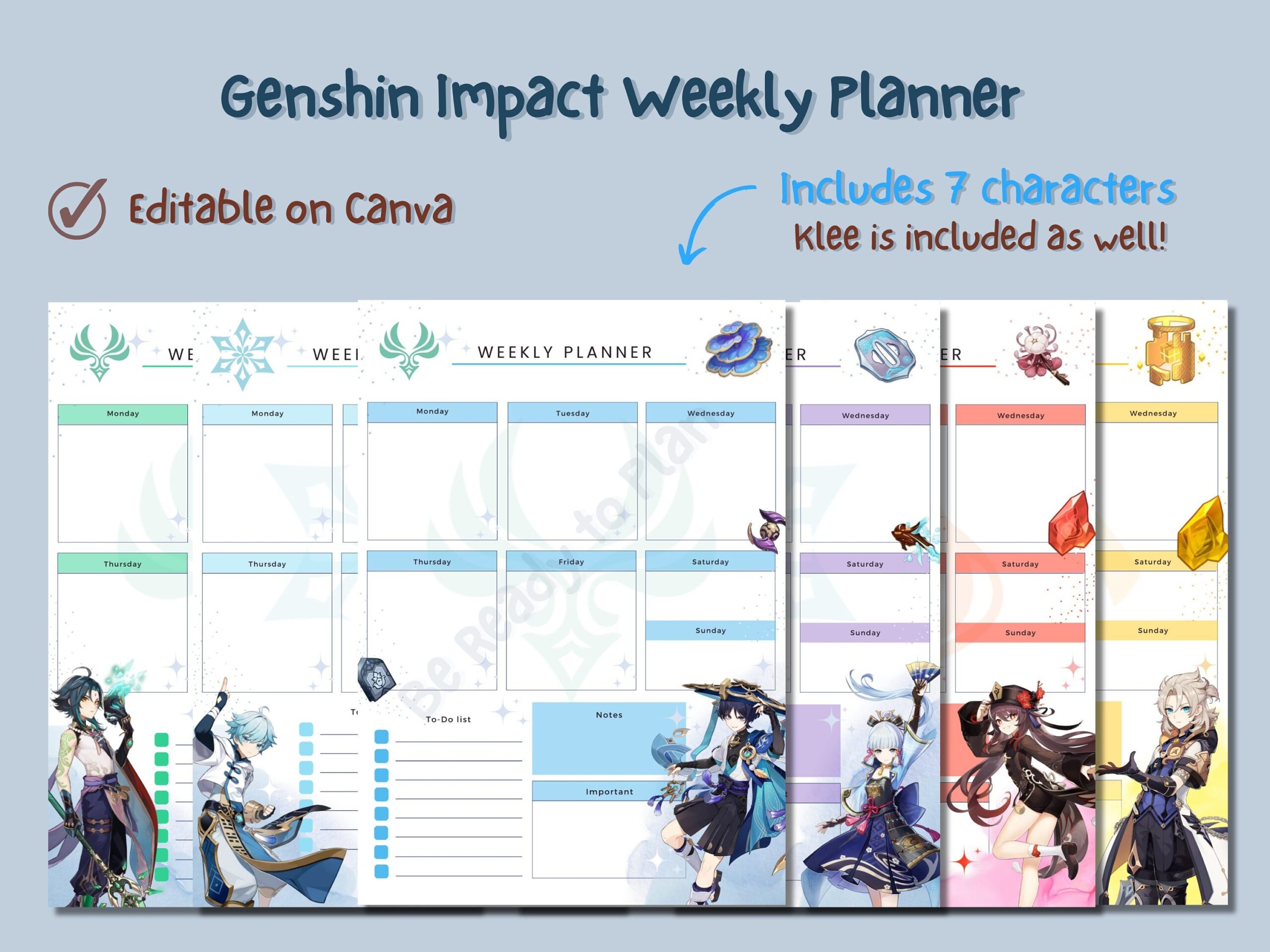 Editable printable Genshin Impact Weekly Planner Get Organized Lettersize A4 Digital Set Albedo Hu Tao Ayaka Klee Wanderer Xiao Etsy