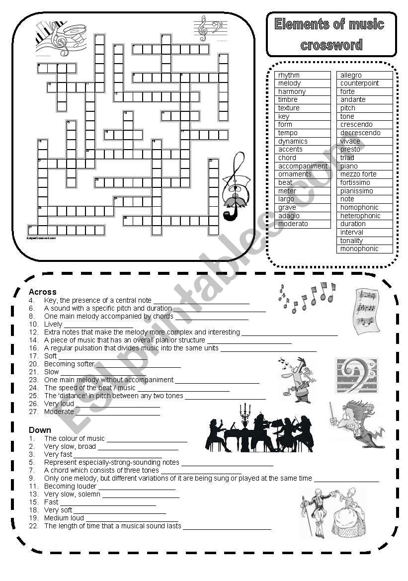 Elements Of Music Crossword ESL Worksheet By Marta V