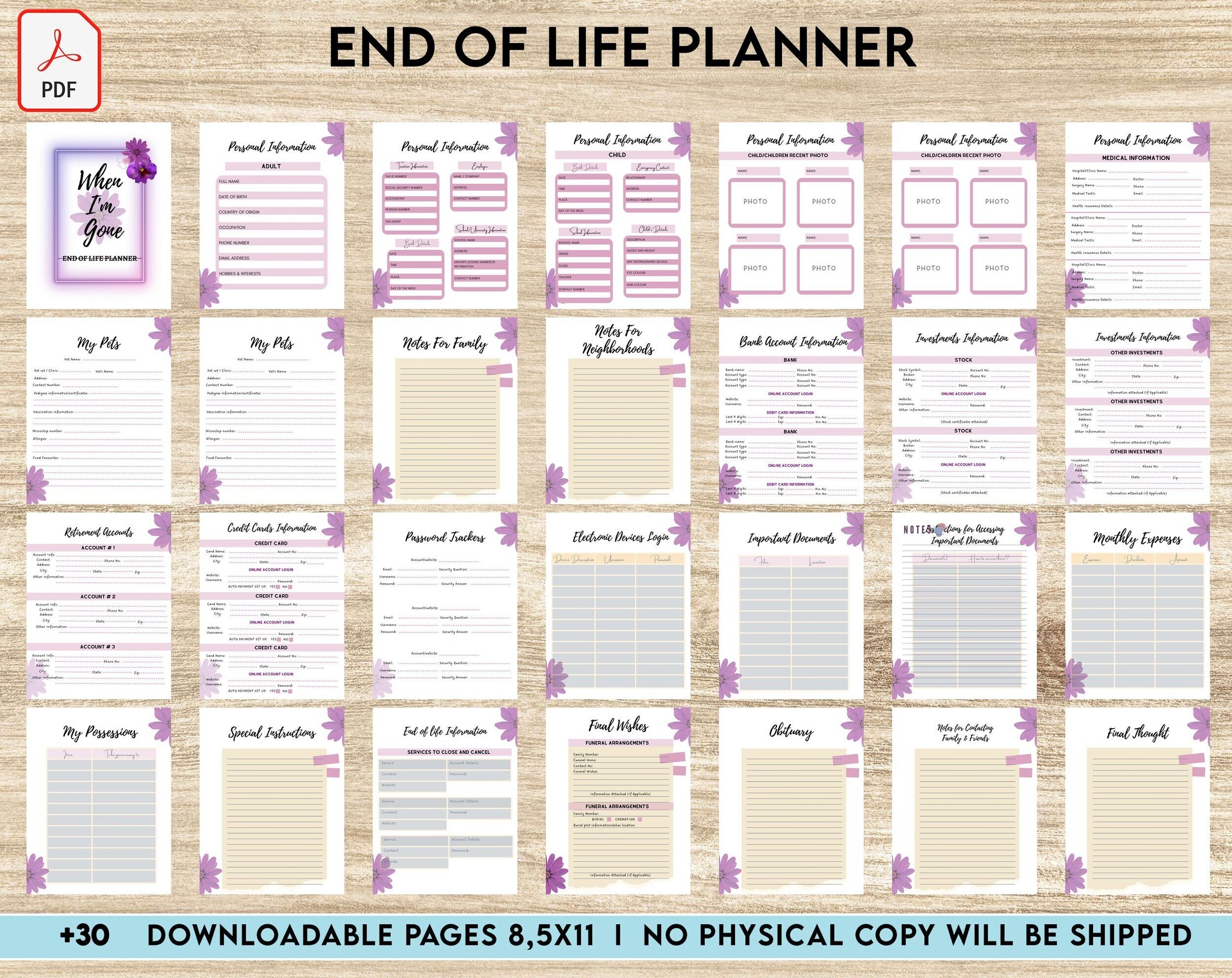 End Of Life Planner Final Wishes Planner What If Emergency Binder 8x11 Inch Pages Size Legacy Planner Funeral Planner Estate Planning Organizer PDF Printable 8 5x11 A4 Size Planners Weekly