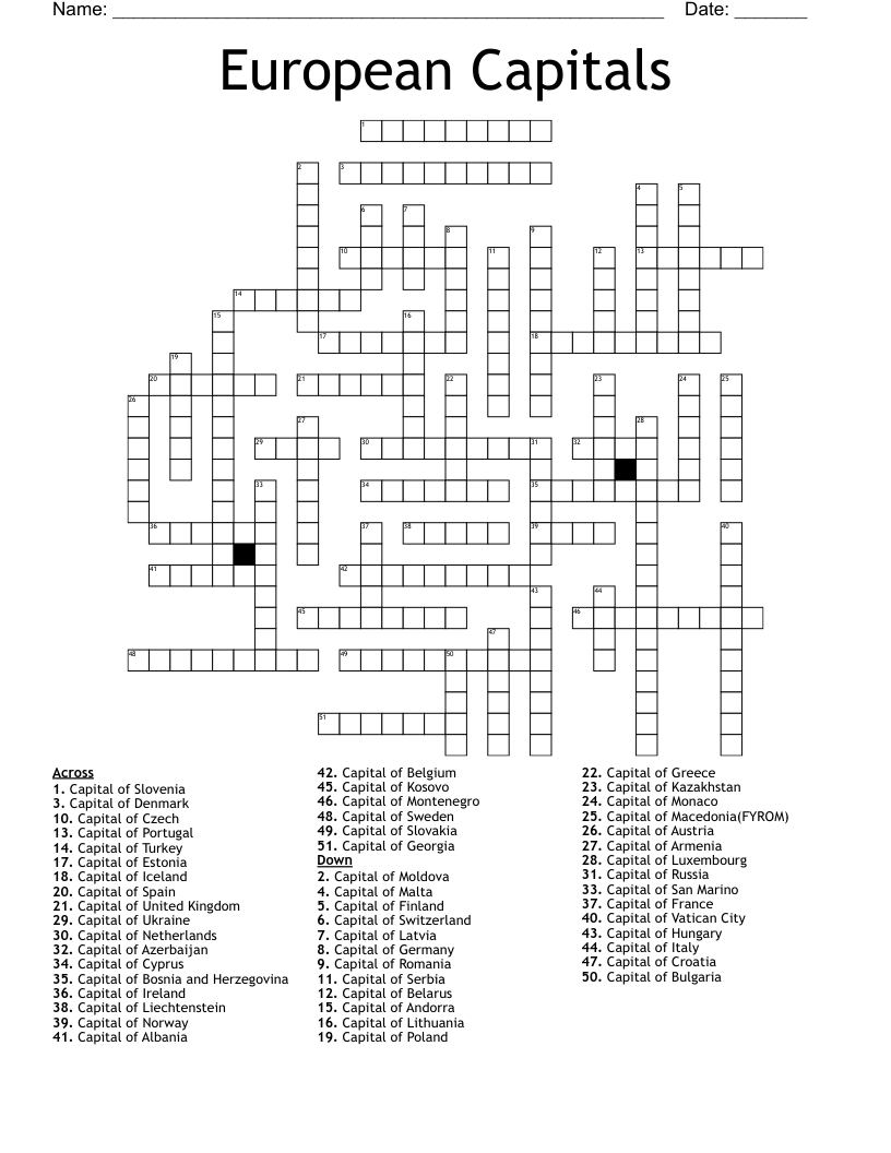 European Capitals Crossword WordMint
