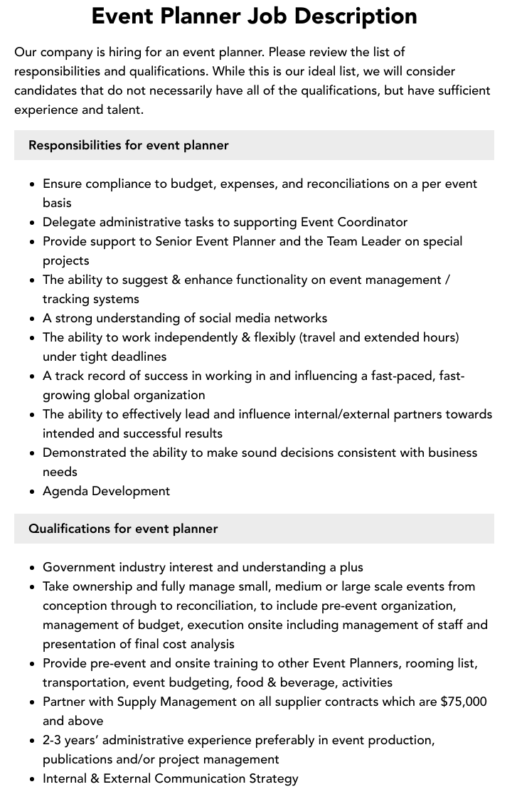 Event Planner Job Description Velvet Jobs