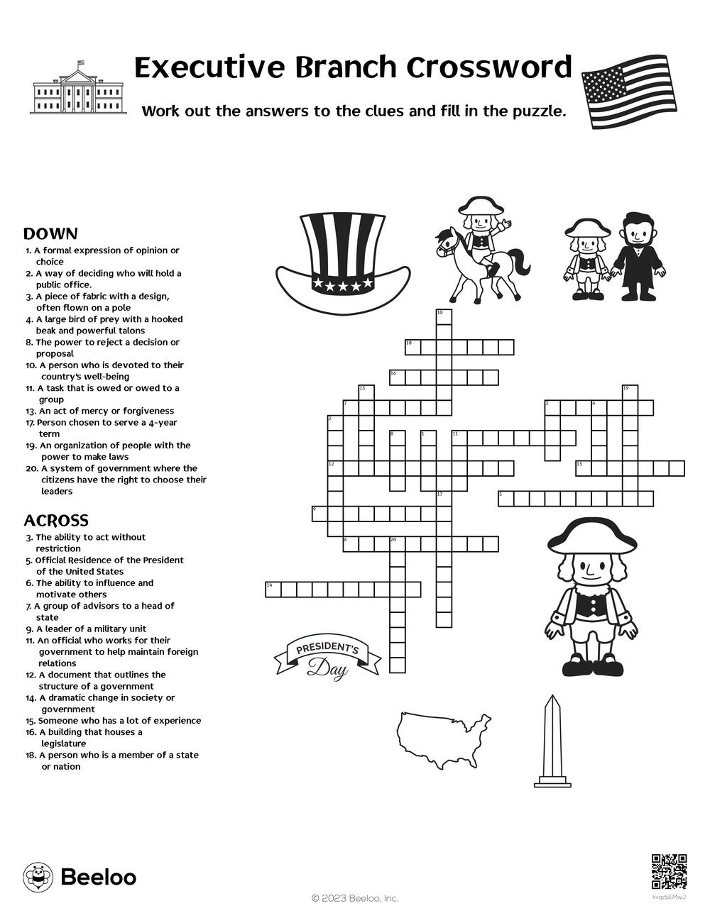Executive Branch Crossword Beeloo Printable Crafts And Activities For Kids