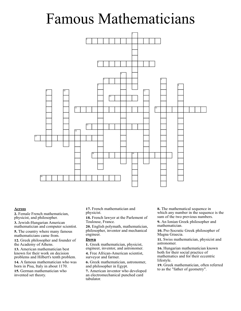 Famous Mathematicians Crossword WordMint