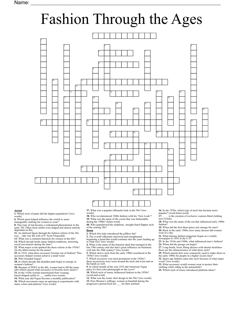 Fashion Through The Ages Crossword WordMint