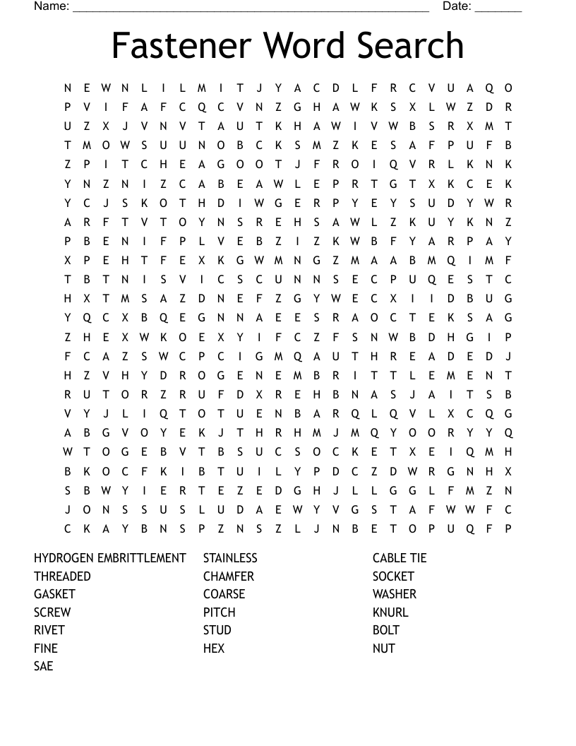 Fastener Word Search WordMint