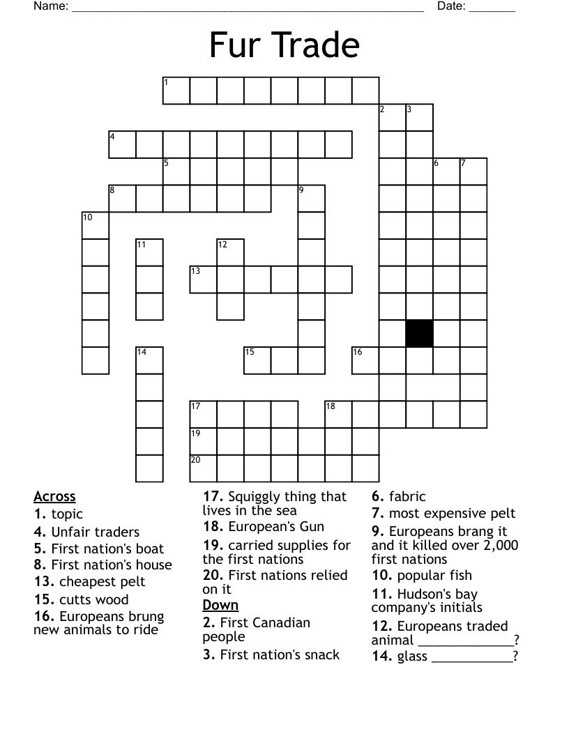 First Nations Fur Trade Crossword WordMint