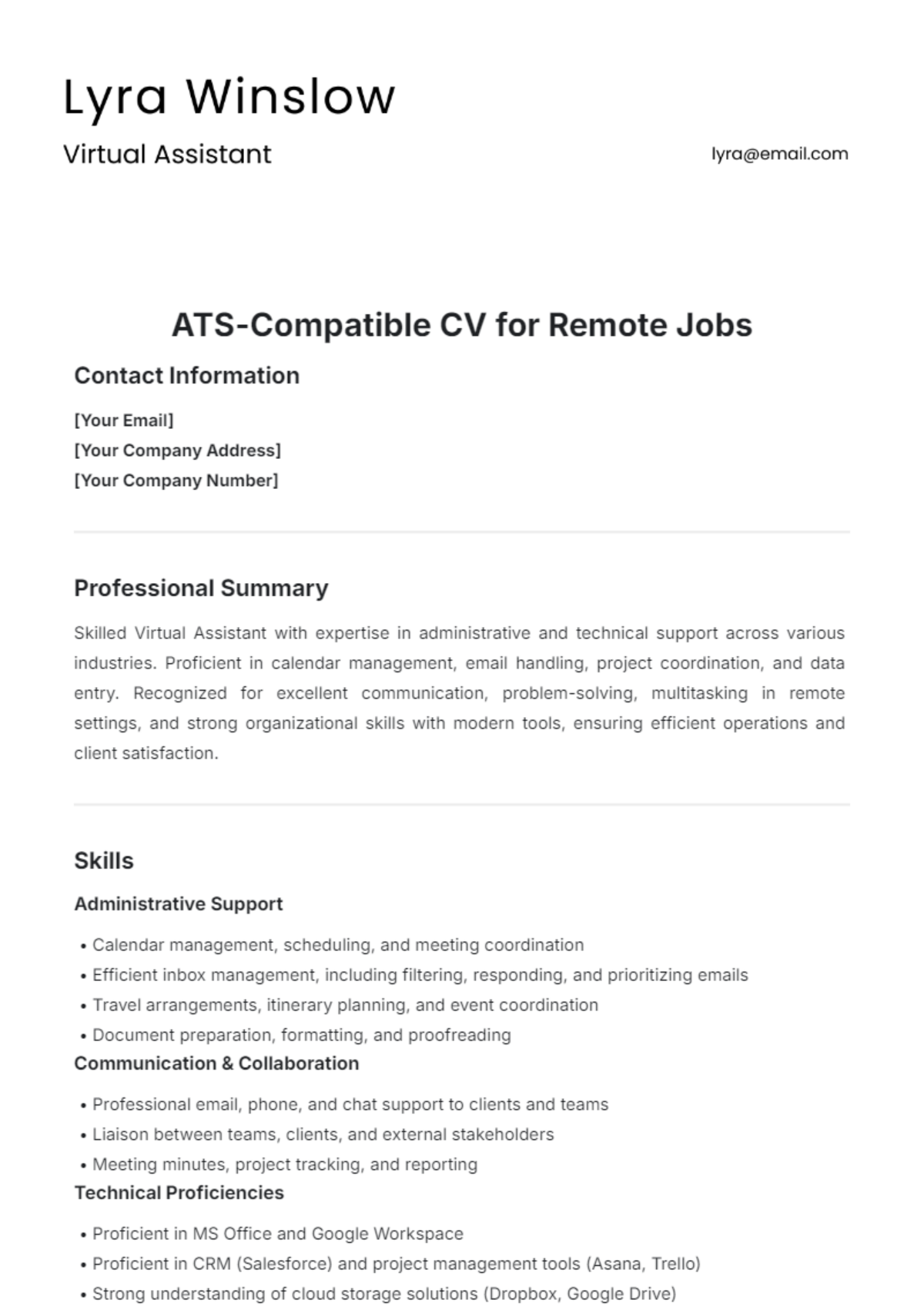 Free ATS Compatible CV For Remote Jobs Template To Edit Online