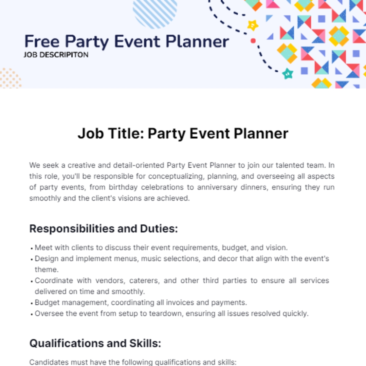 Free Party Event Planner Job Description Template To Edit Online Free Party Event Planner Job Description Template To Edit Online