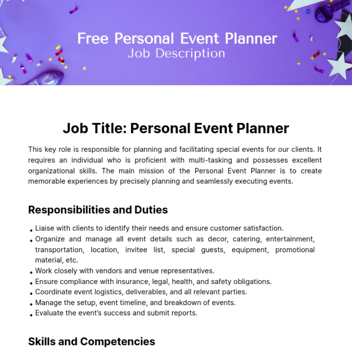 Free Personal Event Planner Job Description Template To Edit Online Free Personal Event Planner Job Description Template To Edit Online