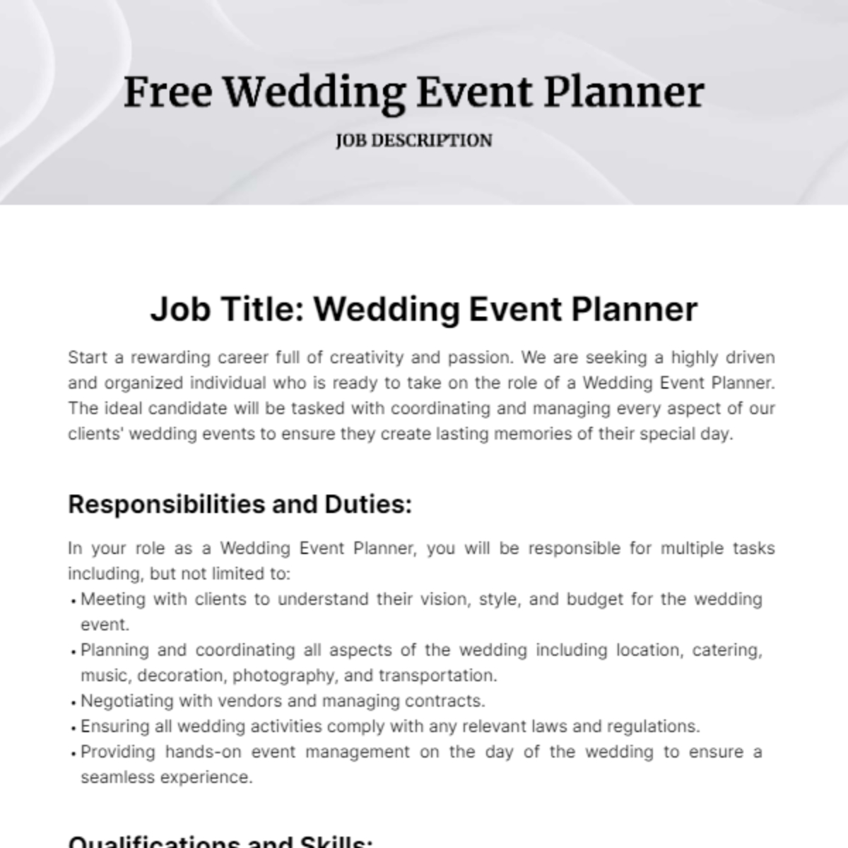 Free Wedding Event Planner Job Description Template To Edit Online Free Wedding Event Planner Job Description Template To Edit Online