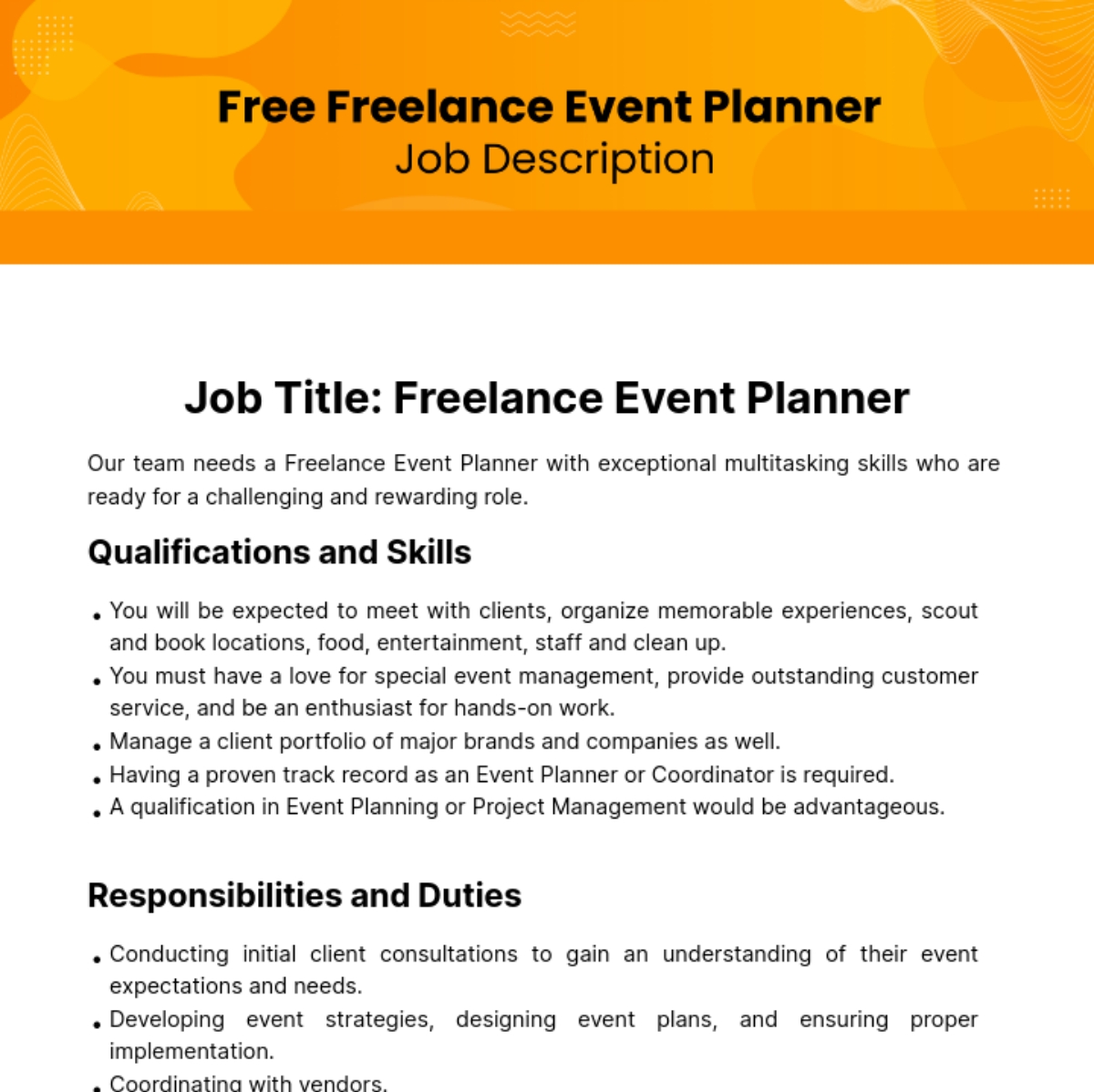 Freelance Event Planner Job Description Template To Edit Online Freelance Event Planner Job Description Template To Edit Online