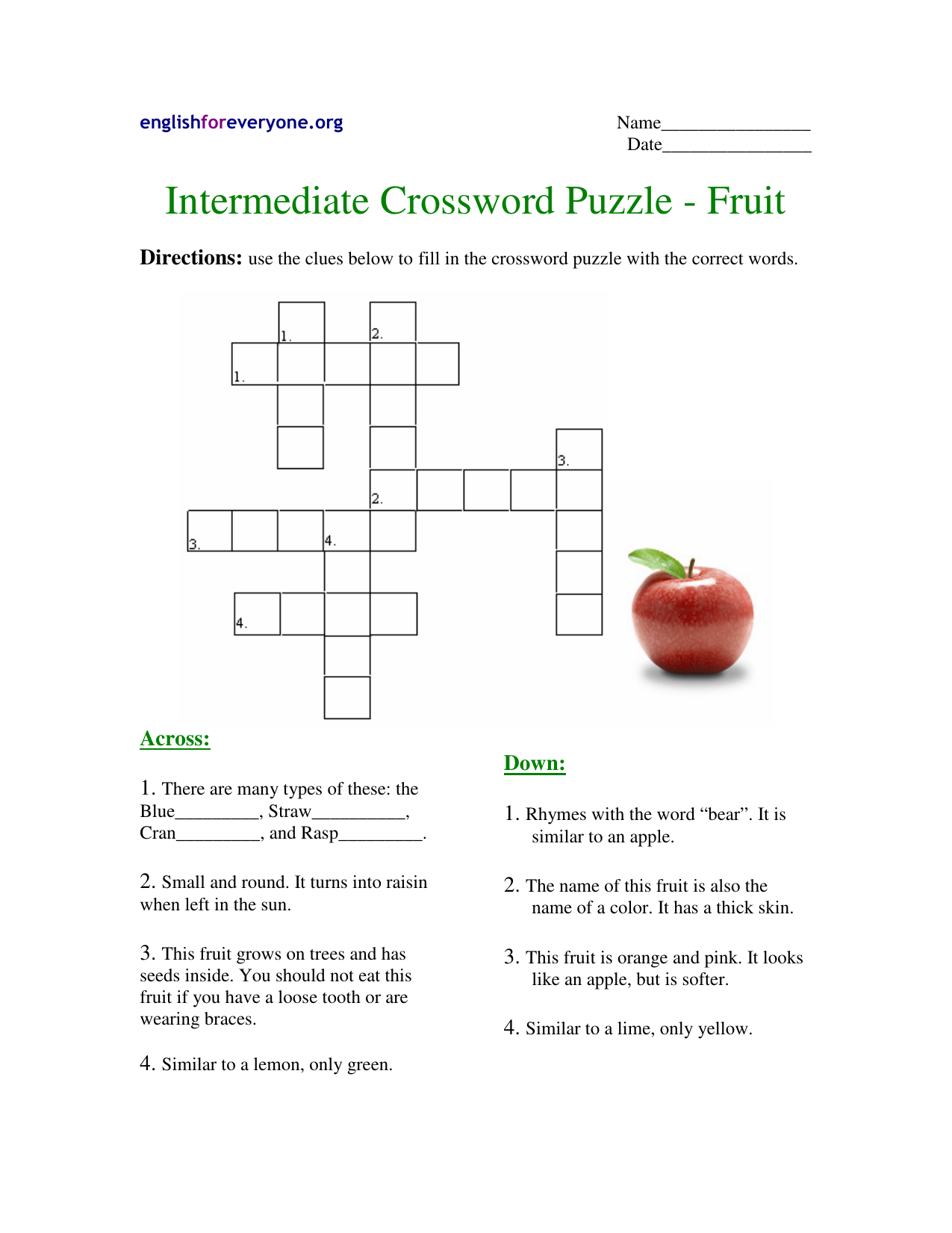 Fruit Crossword Puzzle Intermediate Vocabulary Practice Fruit Crossword Puzzle Intermediate Vocabulary Practice
