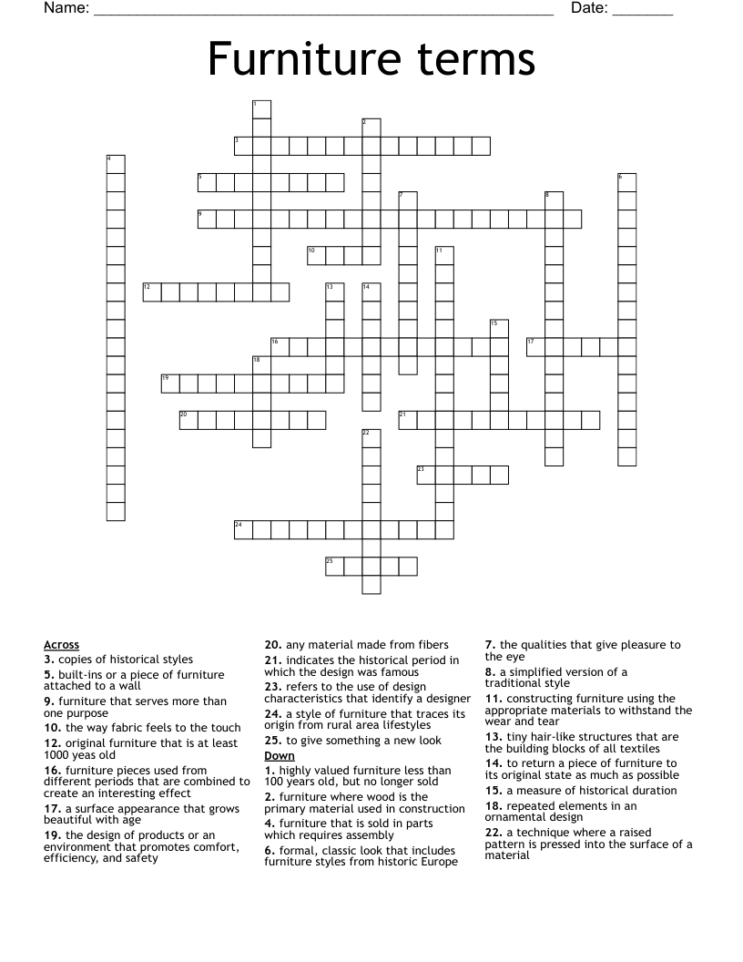 Furniture Terms Crossword WordMint