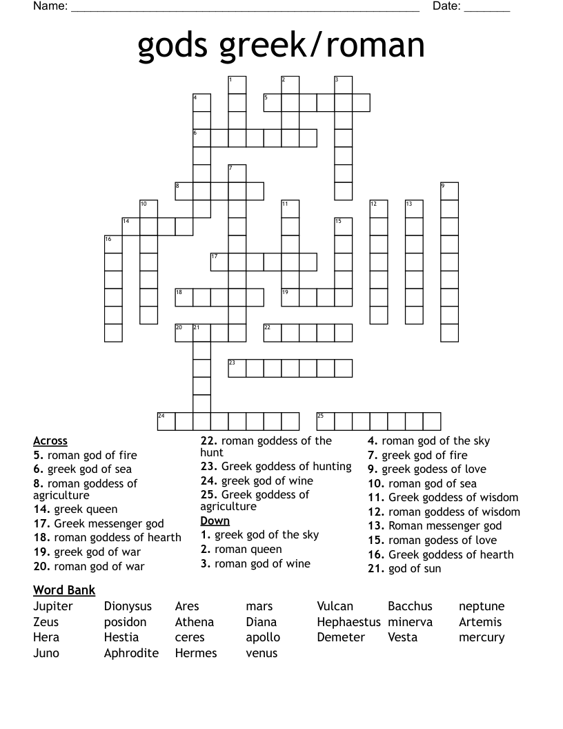 Gods Greek roman Crossword WordMint