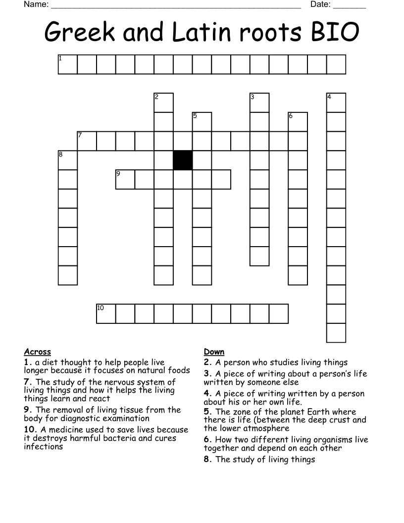 Greek And Latin Roots BIO Crossword WordMint