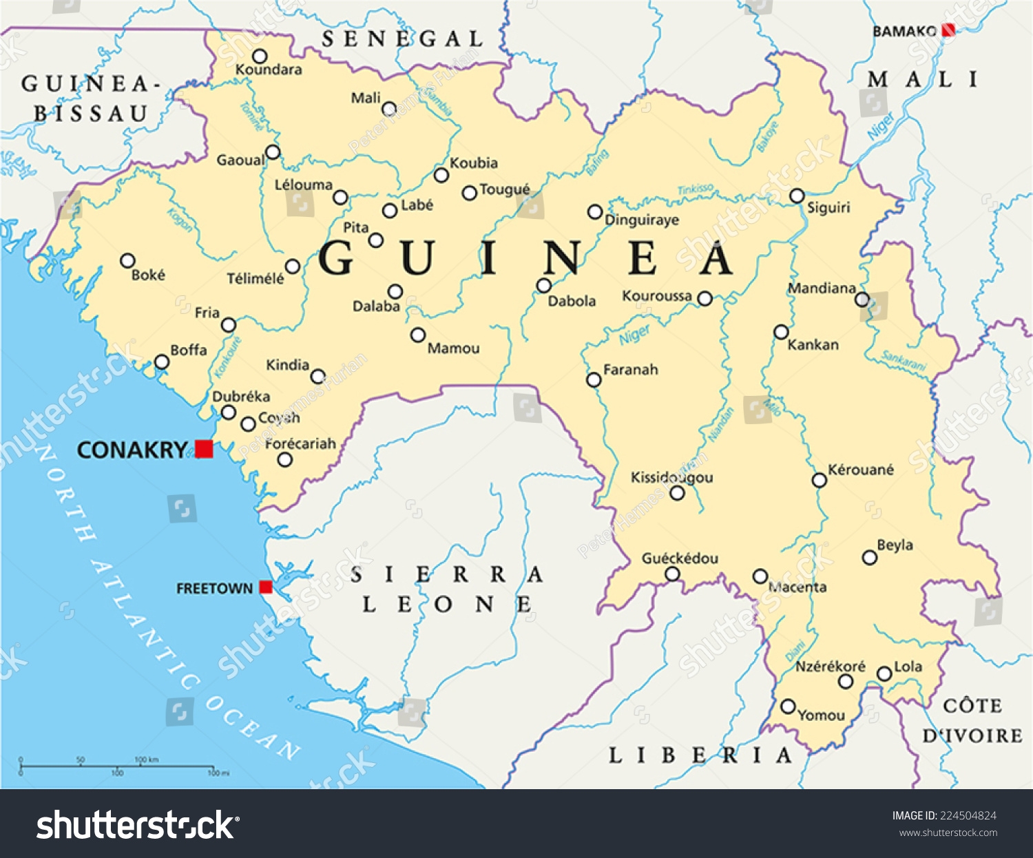 Guinea Political Map Capital Conakry National Stock Vector Royalty Free 224504824 Shutterstock