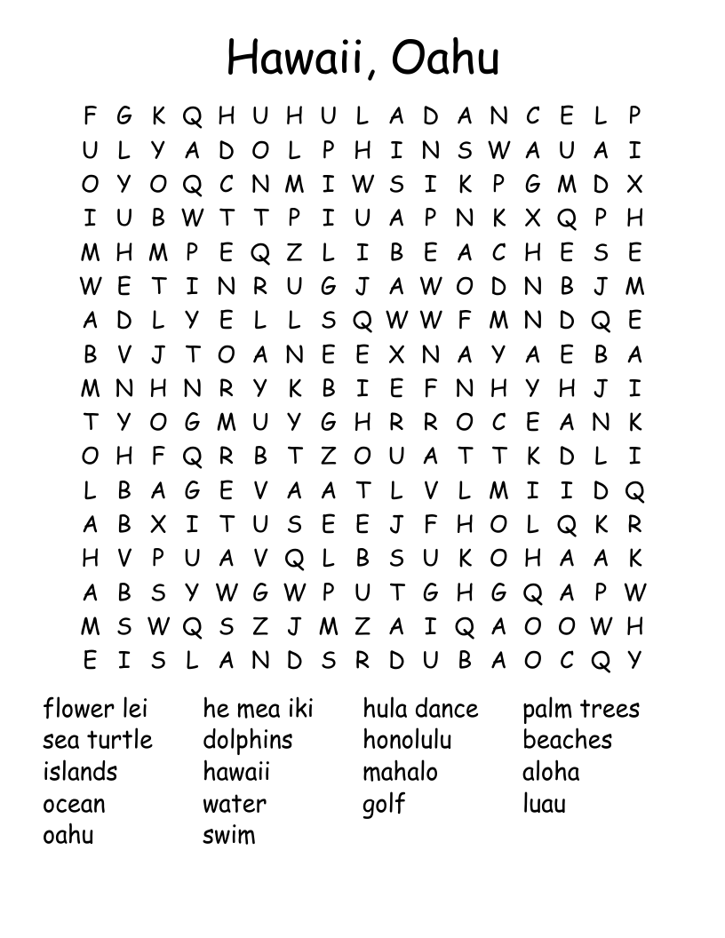 Hawaii Oahu Word Search WordMint