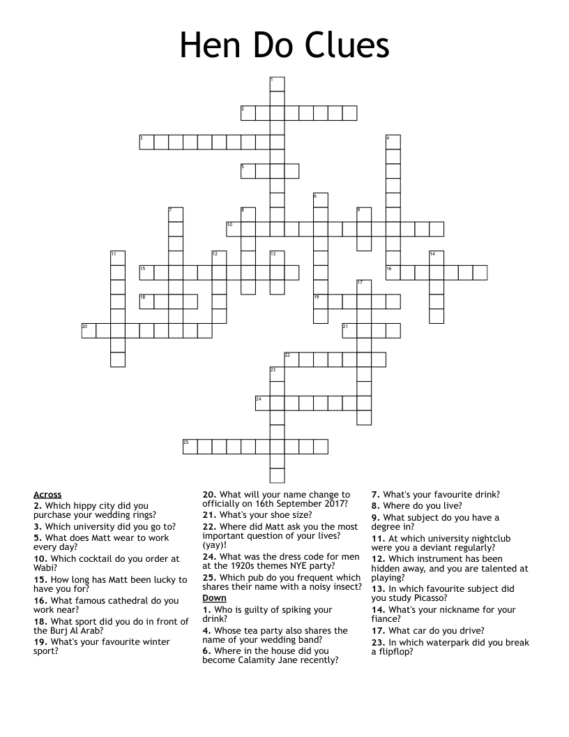 Hen Do Clues Crossword WordMint Hen Do Clues Crossword WordMint