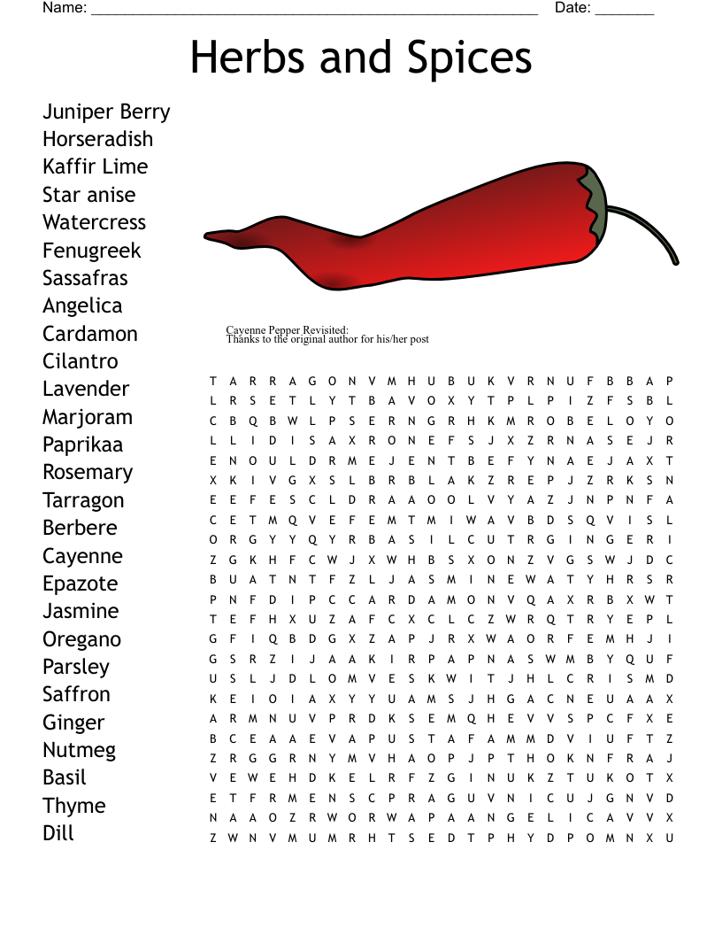 Herbs And Spices Word Search WordMint Herbs And Spices Word Search WordMint