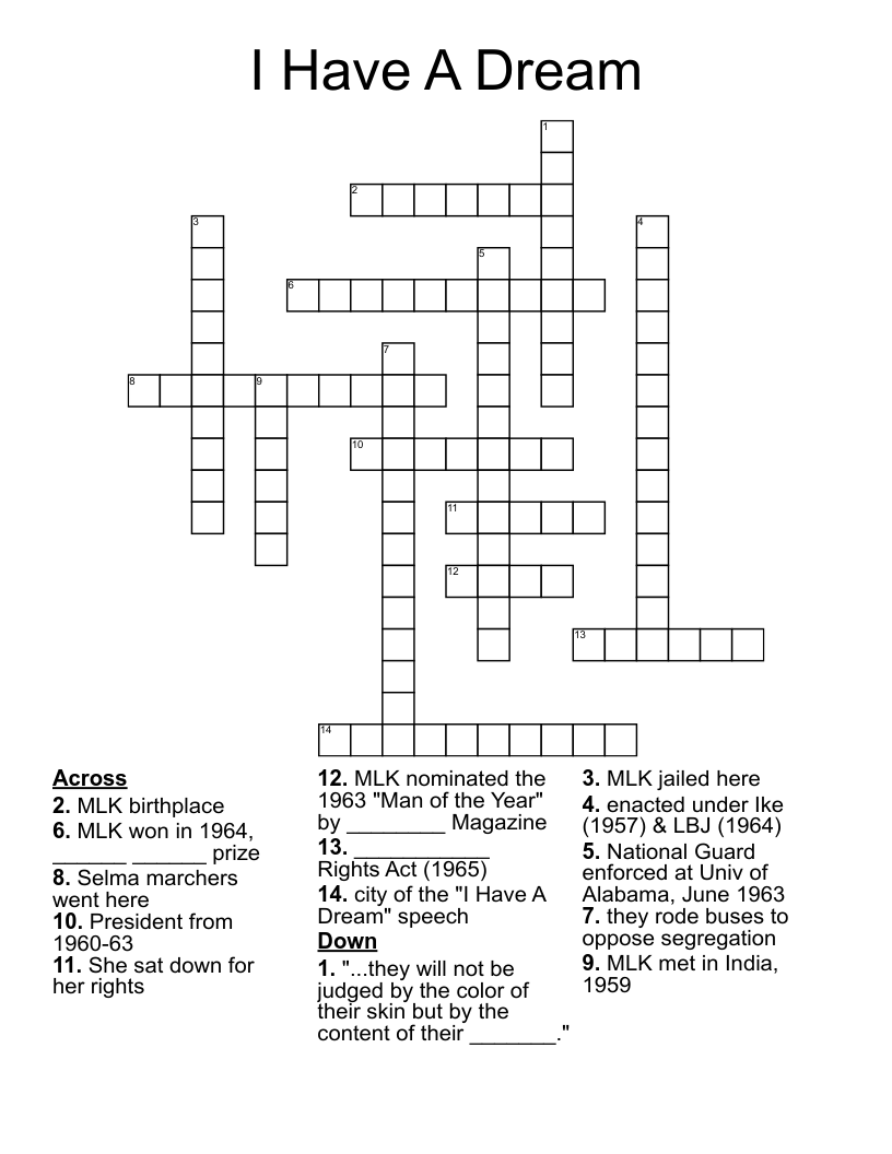 I Have A Dream Crossword WordMint