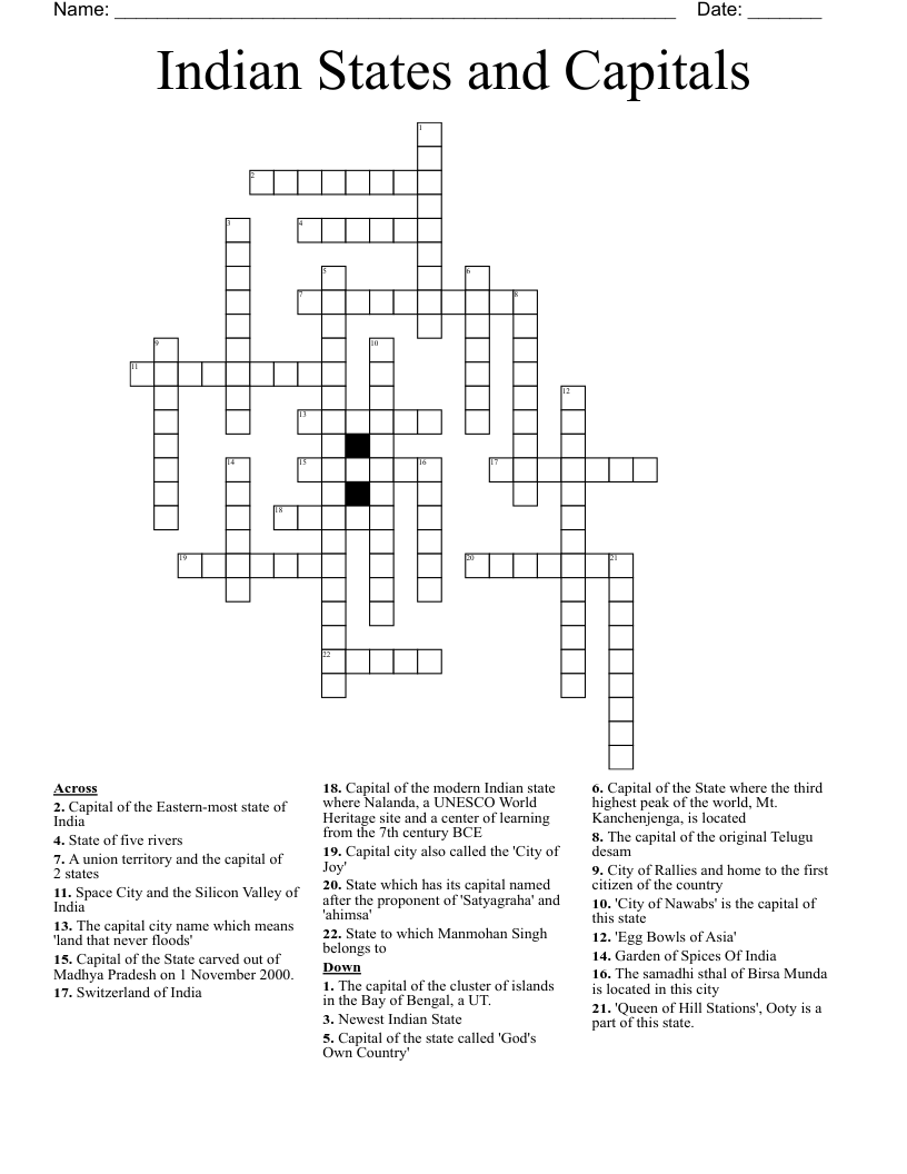 Indian States And Capitals Crossword WordMint Indian States And Capitals Crossword WordMint