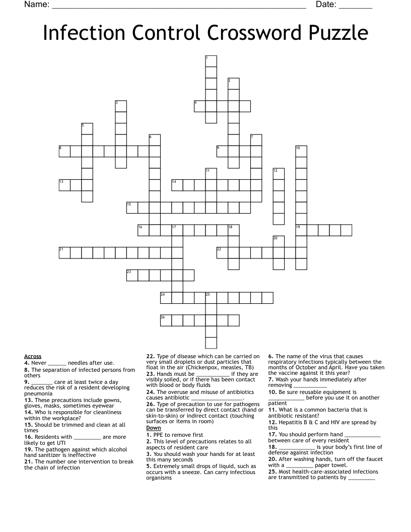 Infection Control Crossword Puzzle WordMint