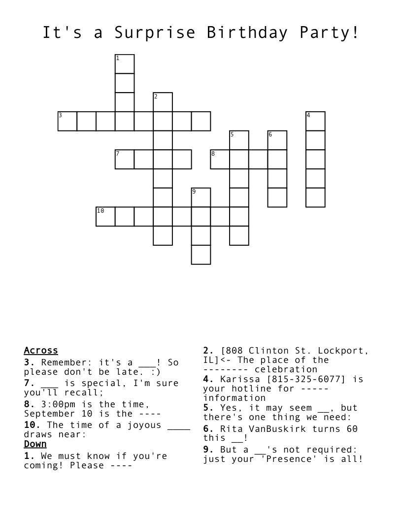 It s A Surprise Birthday Party Crossword WordMint It s A Surprise Birthday Party Crossword WordMint
