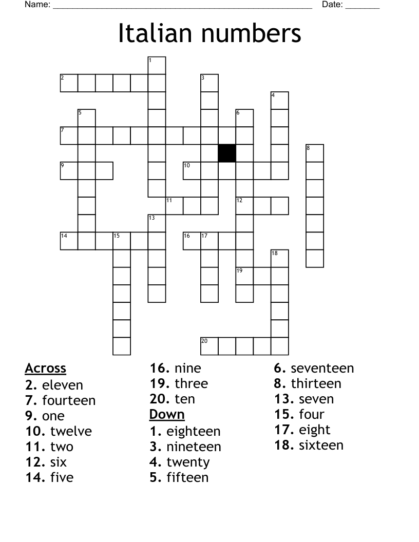 Italian Numbers Crossword WordMint