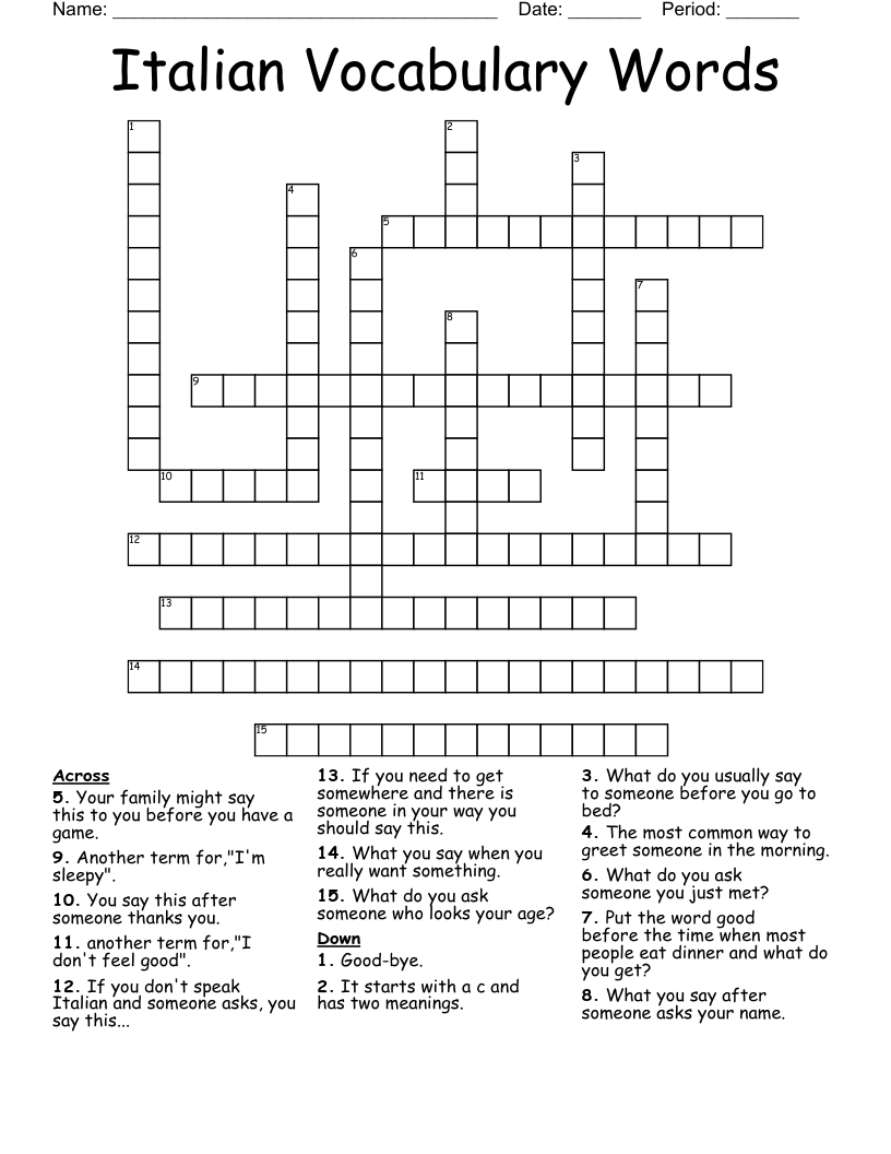 Italian Vocabulary Words Crossword WordMint