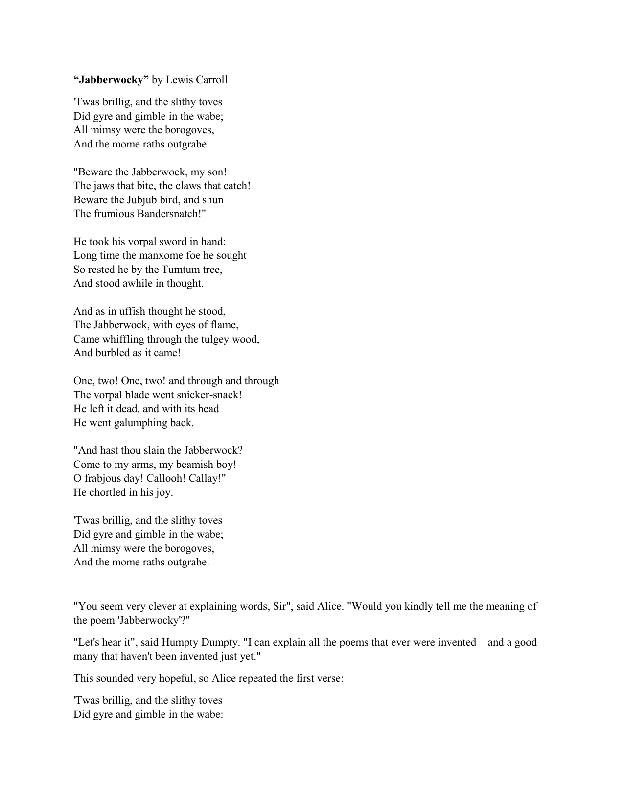Jabberwocky By Lewis Carroll Twas Brillig And The Slithy Toves Did Jabberwocky By Lewis Carroll Twas Brillig And The Slithy Toves Did