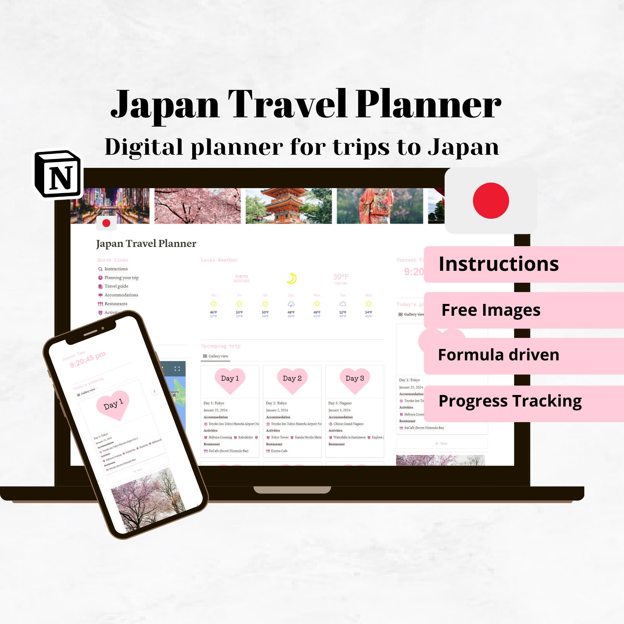 Japan Travel Planner Notion Template Itinerary Journal digital Download Etsy