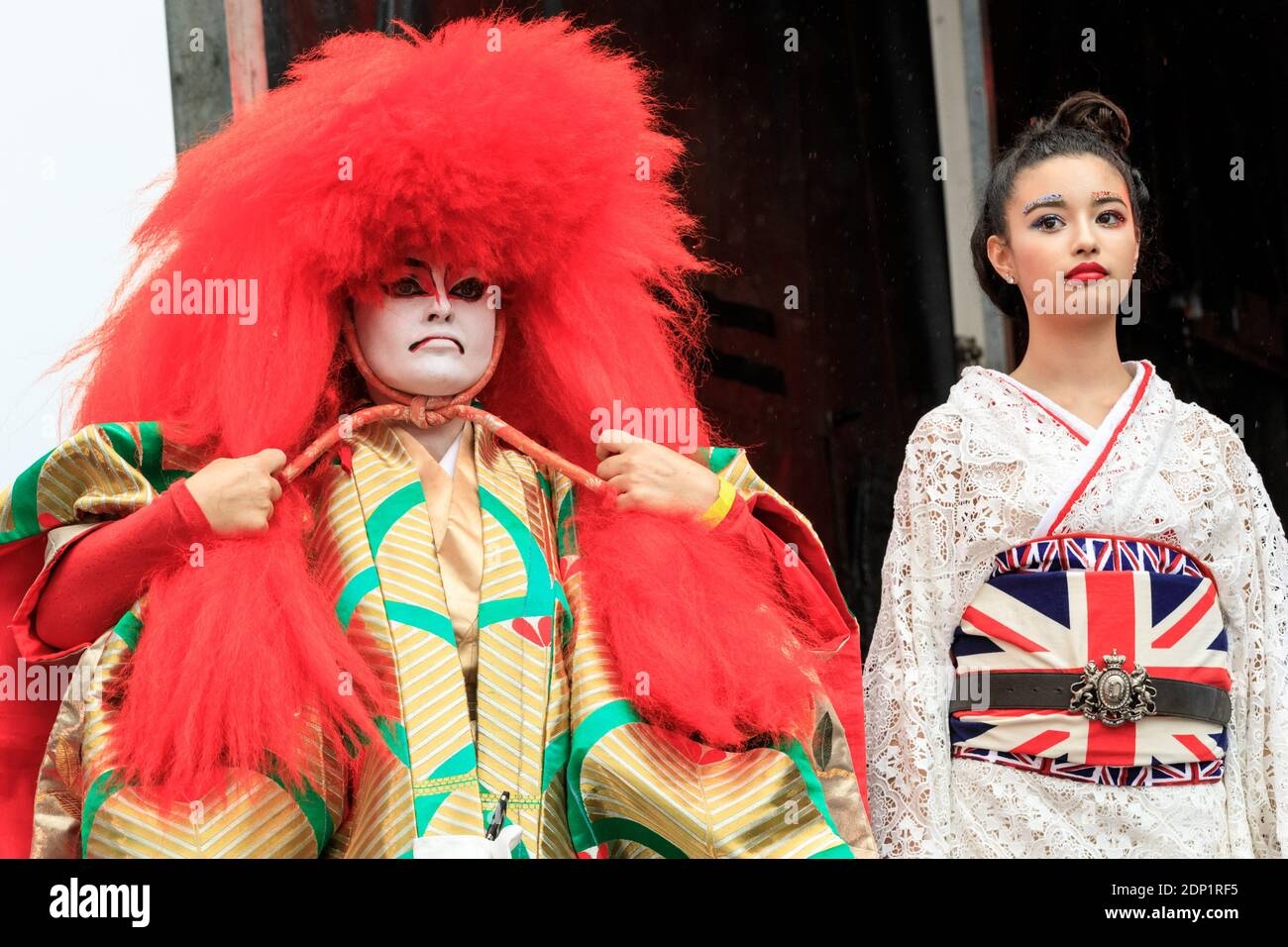 Kabuki Character And Female Performer In Kimono During A Show By Kimono De Go At Japan Matsuri Festiva Trafalgar Square London UK Stock Photo Alamy