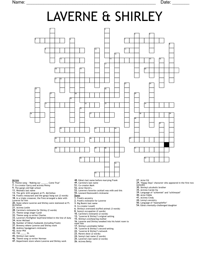 LAVERNE SHIRLEY Crossword WordMint