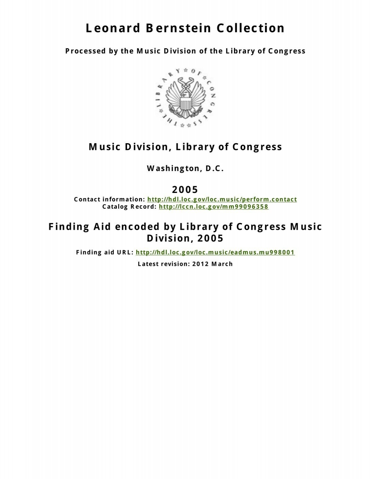 Leonard Bernstein Collection finding Aid Library Of Congress PDF 