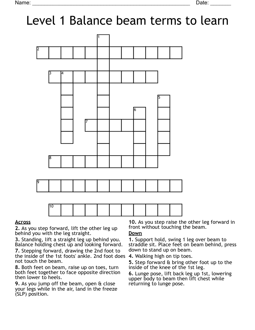 Level 1 Balance Beam Terms To Learn Crossword WordMint