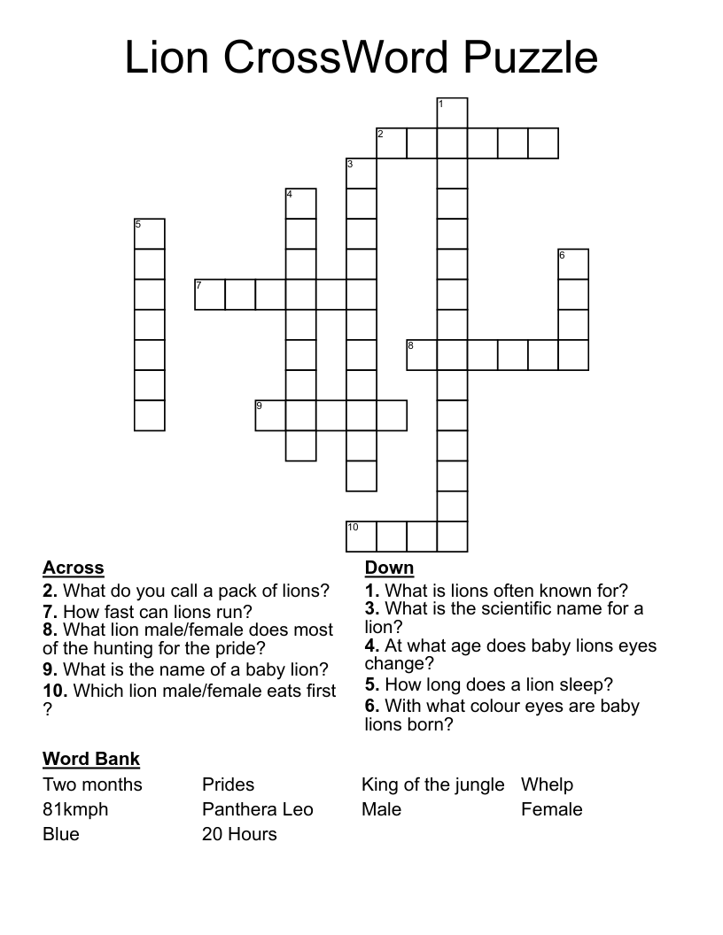Lion CrossWord Puzzle WordMint
