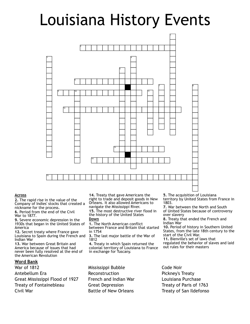Louisiana History Events Crossword WordMint Louisiana History Events Crossword WordMint