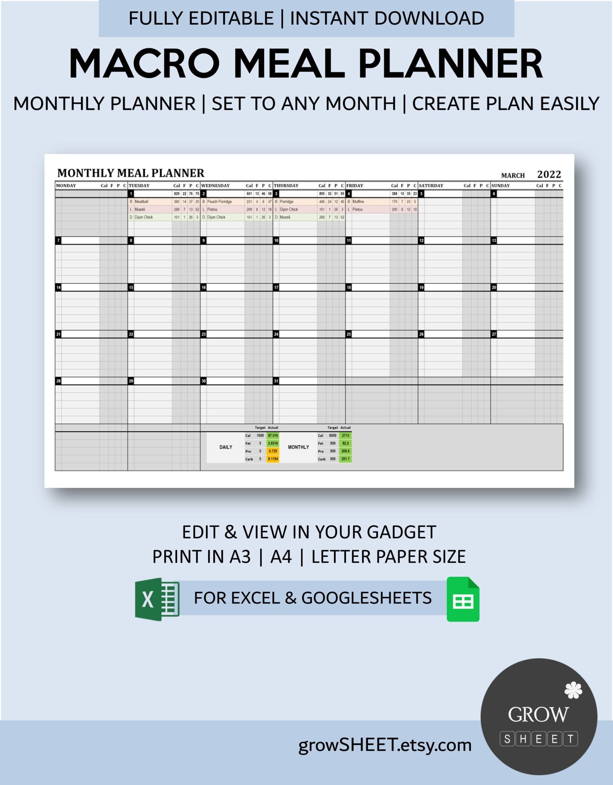 Macro Meal Planner For Excel And Google Sheets Fully Editable Monthly Diet Planner With Meal Ideas List And Automated Calorie Tracker Etsy
