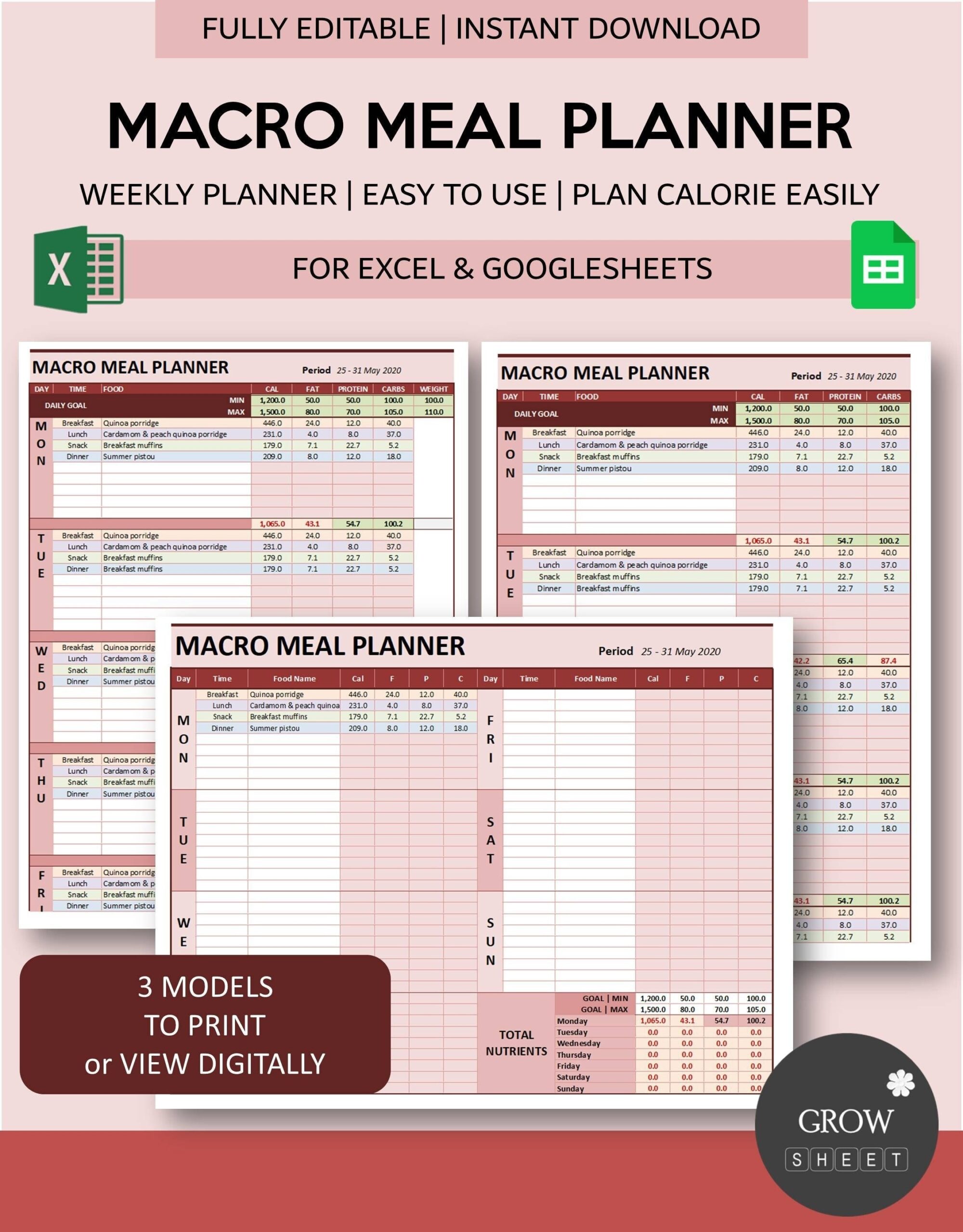 Macro Meal Planner For Excel And Googlesheets Fully Editable Weekly Diet Planner With Meal Ideas List And Automatic Calorie Tracker Etsy