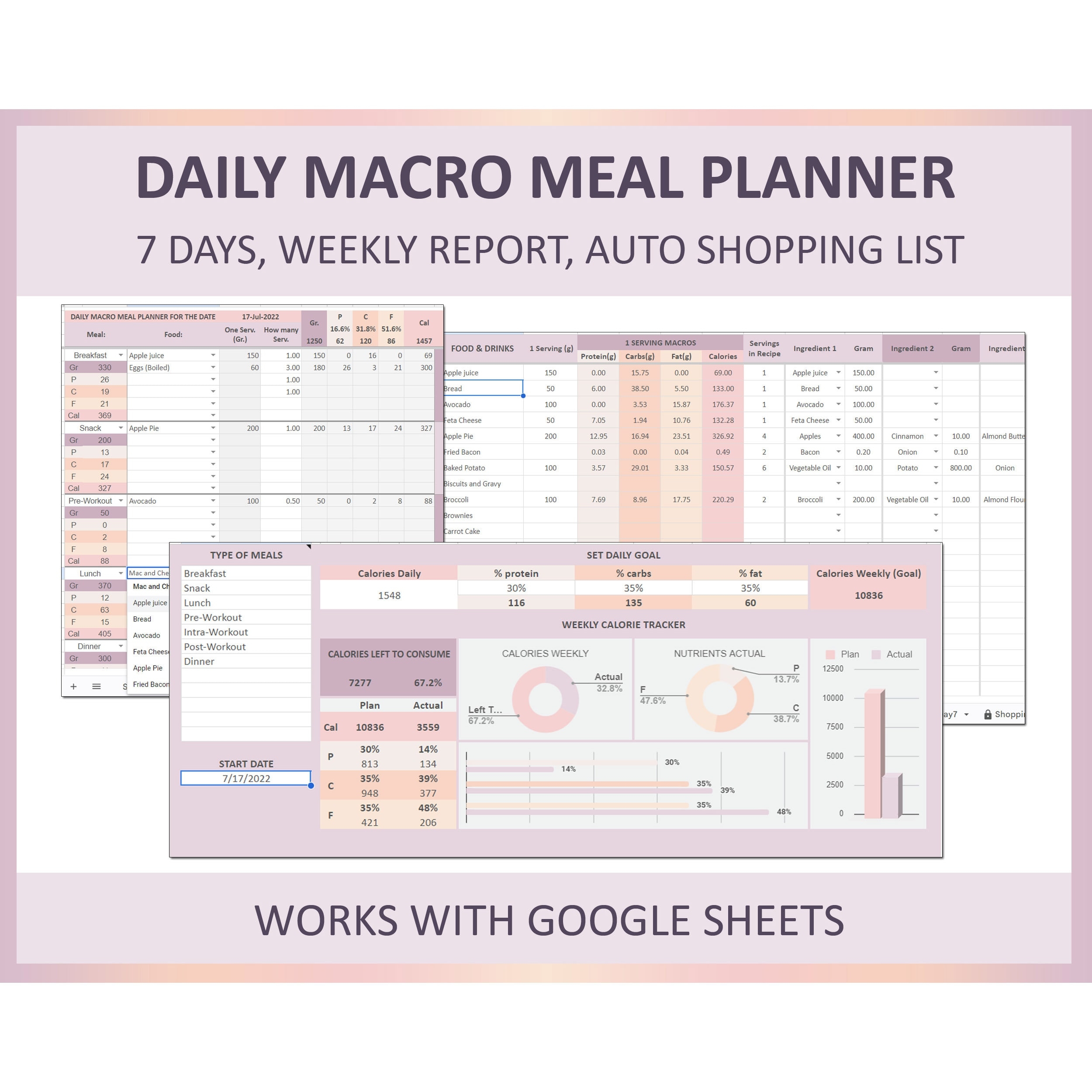 Macro Meal Planner Spreadsheet Google Sheets Meal Planner Macro Diet Meal Planner Calorie Tracker Fitness Meal Planner Meal Template Etsy