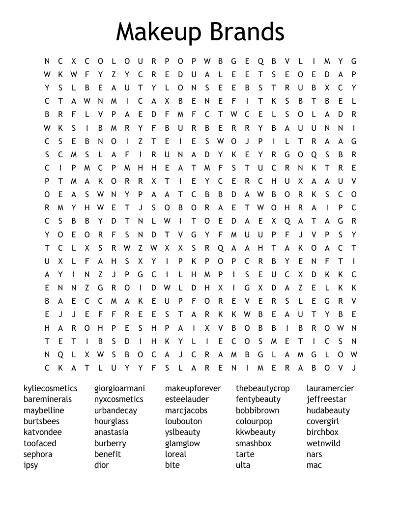 Makeup Brands Word Search WordMint