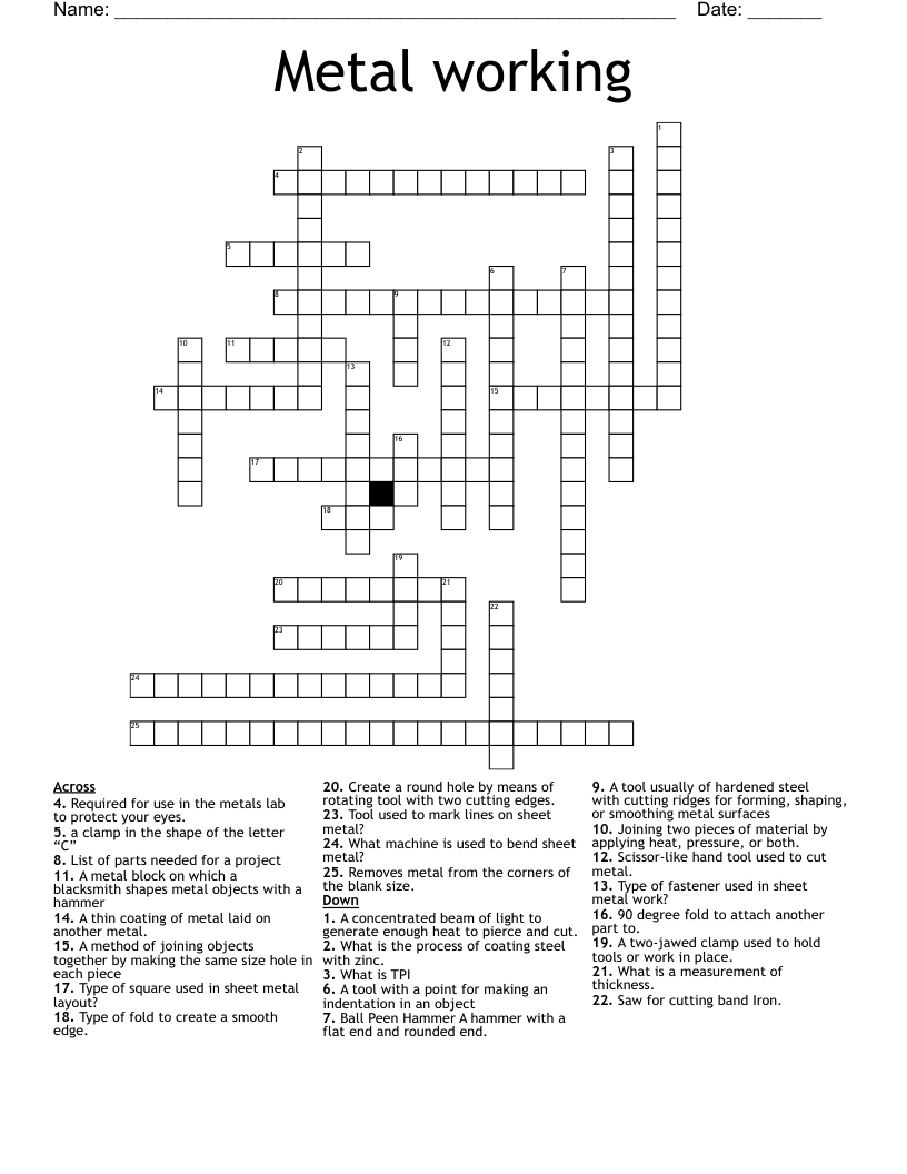 Metal Working Crossword WordMint