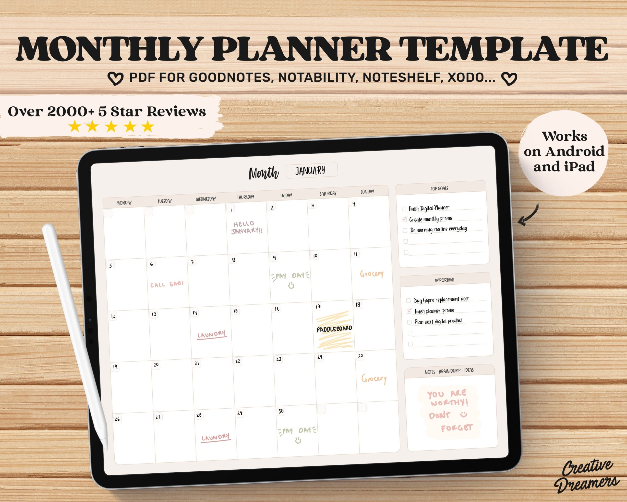 Monthly Planner Goodnotes Template Undated Monthly Planner Monthly Digital Planner Planner Pages Digital Calendar Notability Planner Etsy