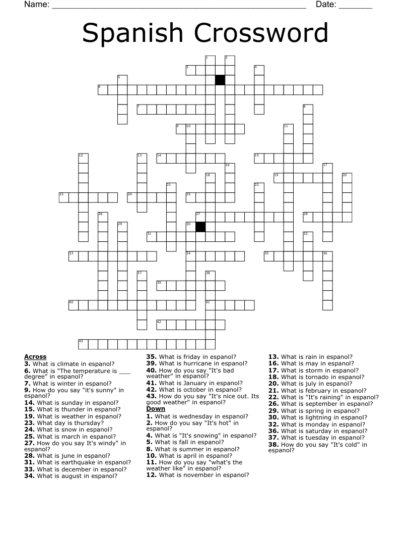 Months Of The Year And Days Of The Week In Spanish Crossword WordMint