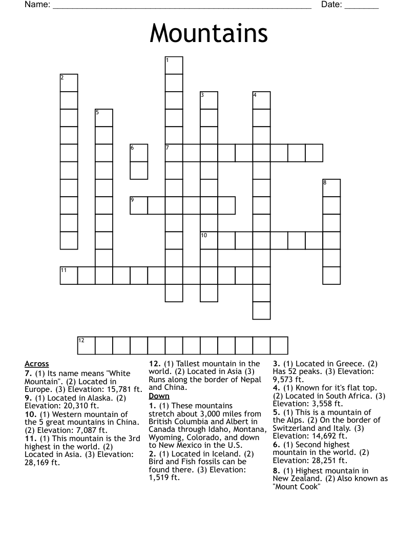 Mountains Crossword WordMint Mountains Crossword WordMint
