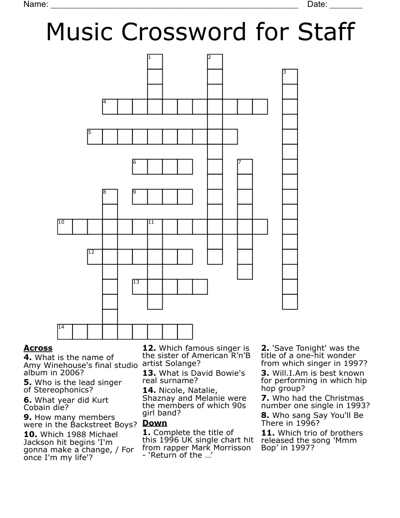 Music Crossword For Staff WordMint