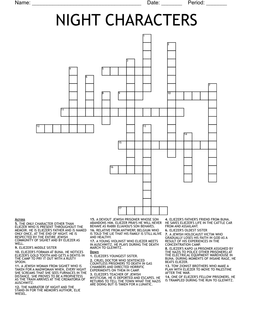 NIGHT CHARACTERS Crossword WordMint