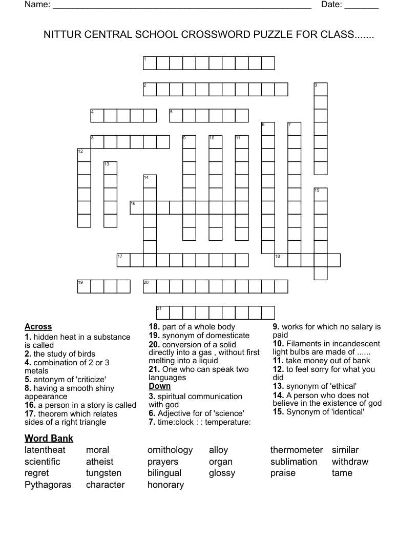 NITTUR CENTRAL SCHOOL CROSSWORD PUZZLE FOR CLASS WordMint